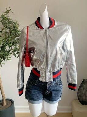 Silver Metallic Faux Leather Cropped Bomber Jacket M